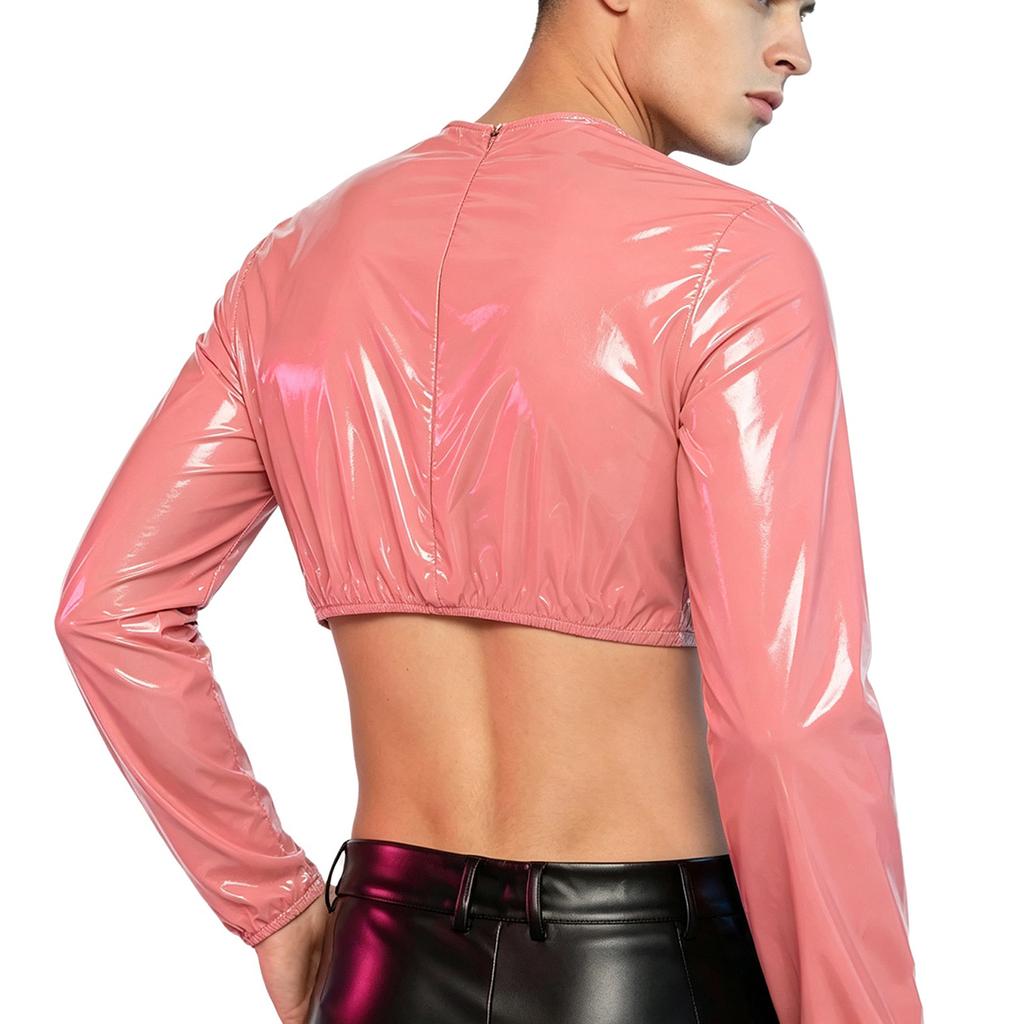 Dámský voděodolný lesklý crop top noční oblečení s kulatým výstřihem a dlouhým rukávem, crop mikina s tričkovým vzhledem a zapínáním na zip na zádech