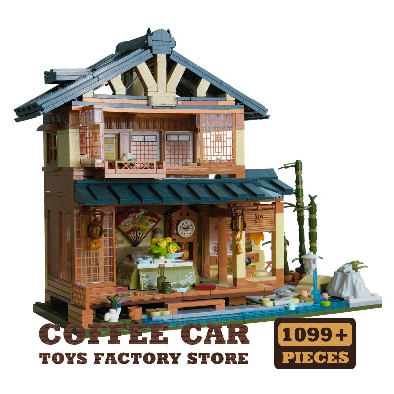 Japanese View Wooden House MOC Bricks City LED Log Cabin Building Blocks Toys Tatami Room Plastic Model Adult Kids Birthday Gift