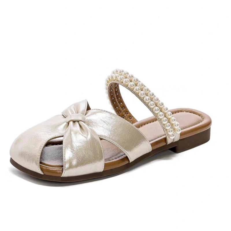 

Жемчужные туфли-баотоу женские для улицы 2025 лето новая плоская мягкая подошва темпераментные шлепанцы 40 шампанского