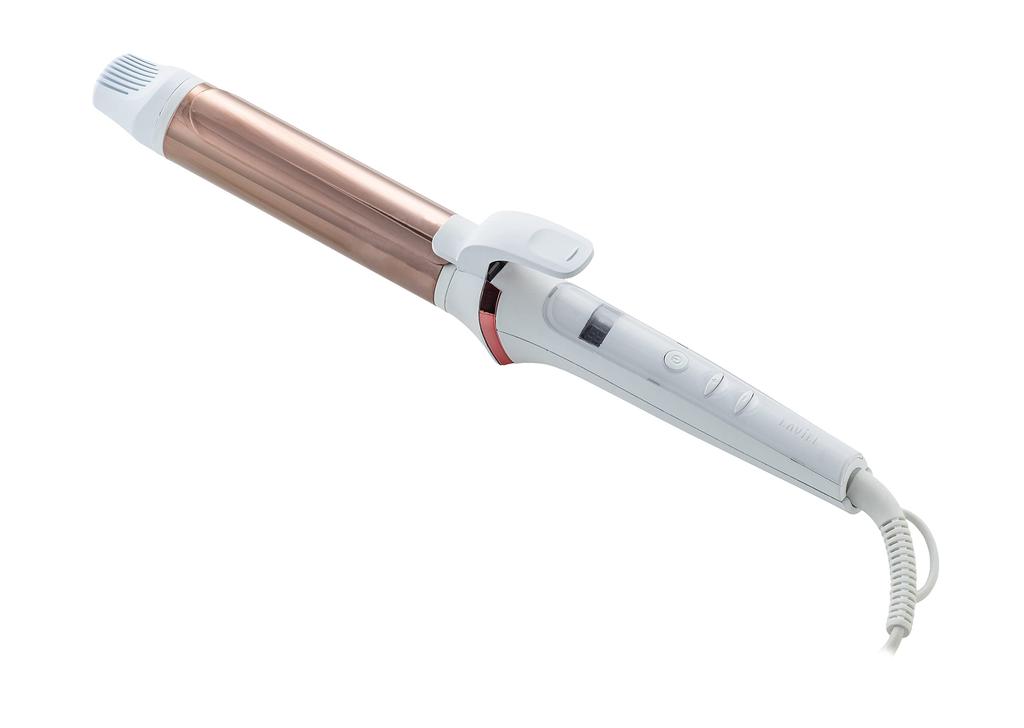 LAVIEL Curling Iron, 34mm, Titanium Coated, International Compatible, 11 Temperature Settings, Max 200°C, Brush Attachment Included, White, LV-C02