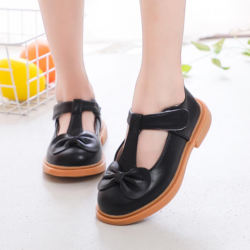 Children Leather Shoes for Girls Mediumn Big Kids School Shoes for Party Wedding Princess Sweet T-strap with Bow Comfortable New