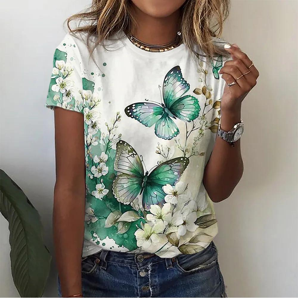 Summer butterfly 3D printed T-shirt for women, fashionable and casual round neck short sleeved shirt