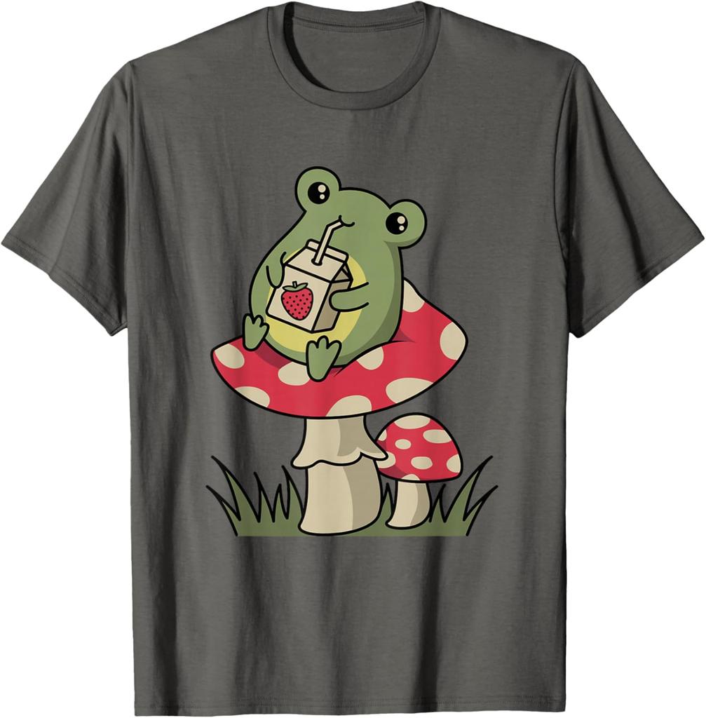 Cottagecore Frog Drinking Strawberry Milk Mushroom Graphic Tee Soft Casual Cotton T-Shirt for Unisex