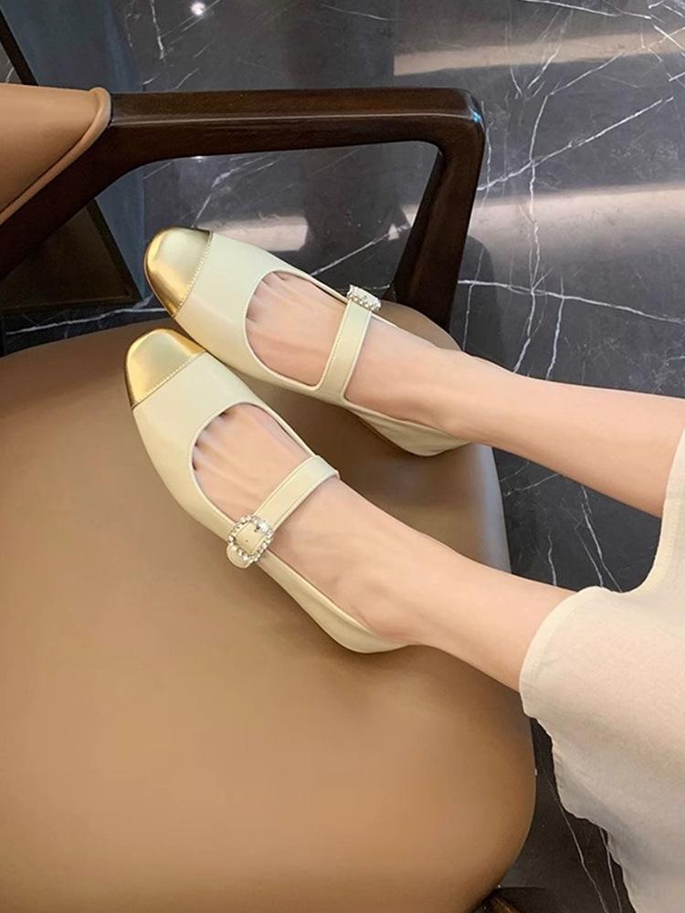 Leather Version Shoes Silver Mary Jane Shoes Women's Thick Heel Versatile Light Mouth Single Shoes Round Head Rhinestone Buckle French High Heels