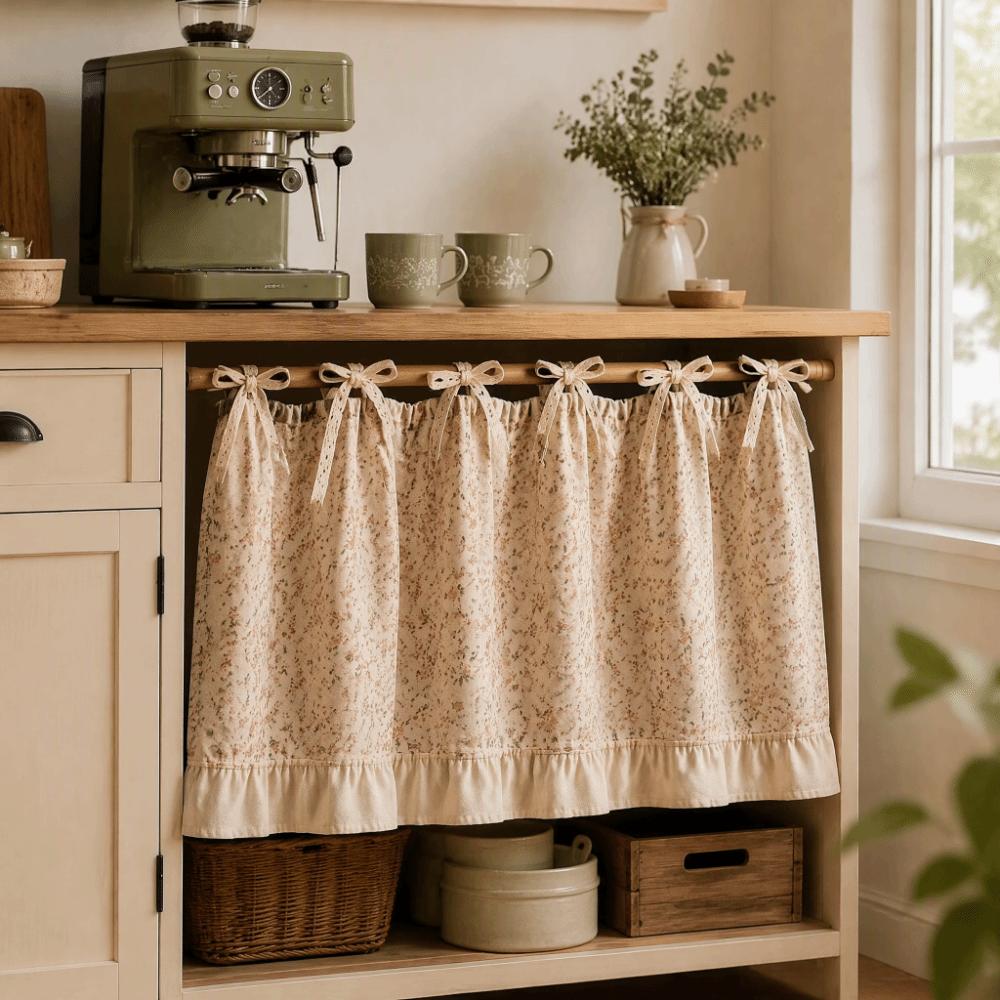 Cotton Linen Blend Bow Tie Oven Cover Curtain Coffee Machine Half Curtain Farmhouse Kitchen