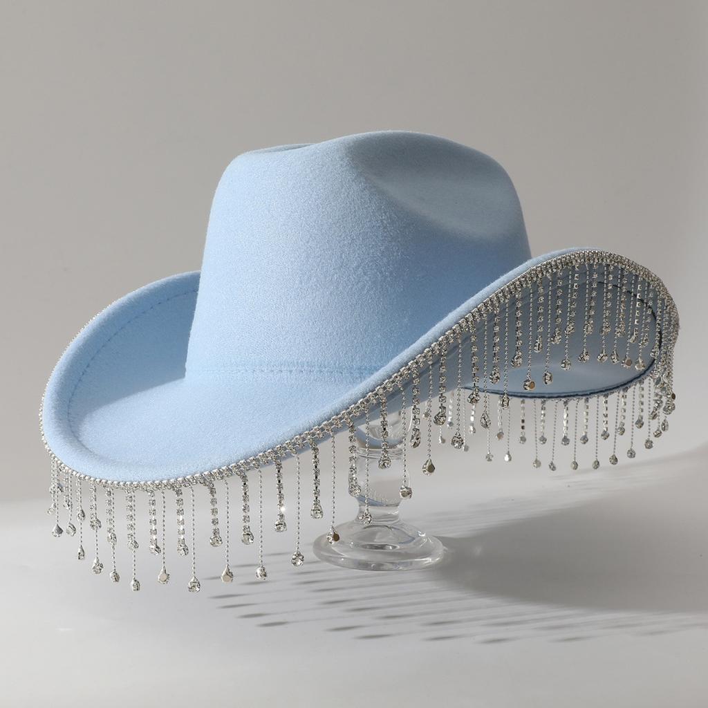 Beliebter Cowboyhut mit elegantem, großem Rand, leichter Luxus, glänzenden Quasten, geeignet für Partys und Klavierkonzerte