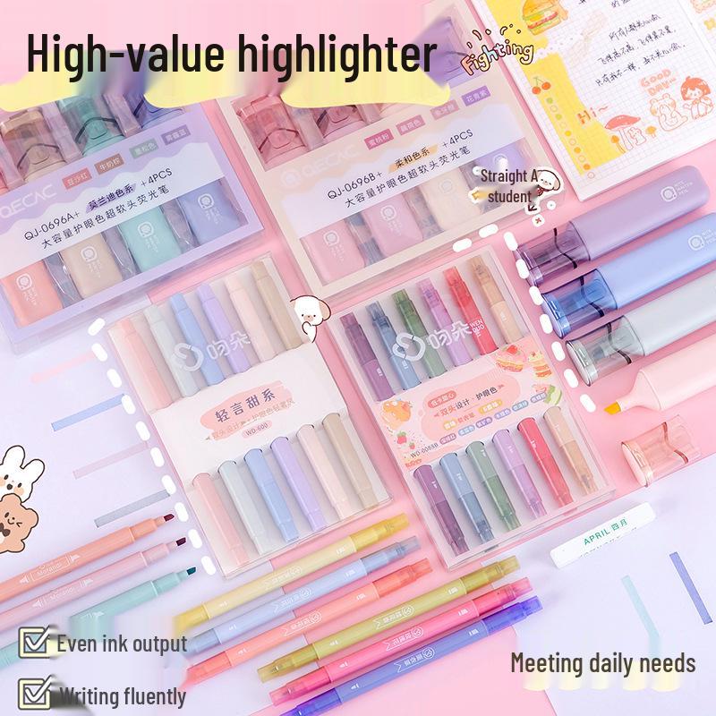 Morandi Double-Ended Highlighter Pen - Eye-Safe Macaron Colors for Students
