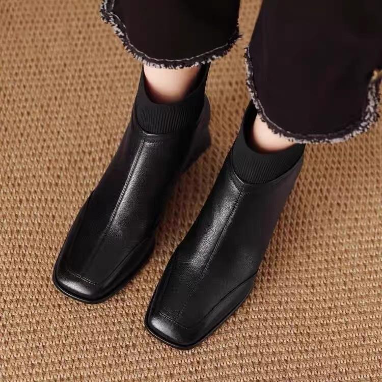 Temperament Short Boots Women's Autumn and Winter New Versatile Square Head High Heels Fleece Thick Heel Flying Woven Leather Shoes