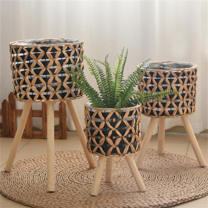 Wood Legged Gourd Grass Plant Stand for Indoor Outdoor Display Hand Woven Planter Basket Flower Pots Storage Container