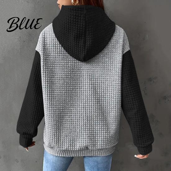 Drawstring Hooded Sweatshirt Fall Winter Women Hoodie Color Matching Waffle Texture Long Sport Top Sleeveless Big