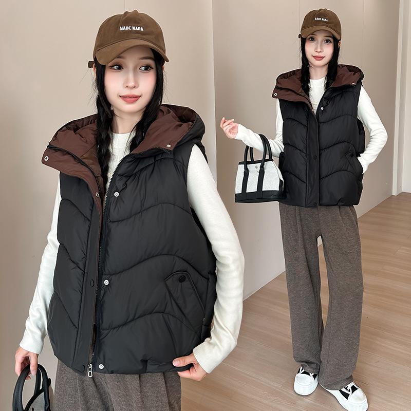 Korean women's winter hooded color matching cotton clothes vest top solid color warm sports leisure foreign style sleeveless vest