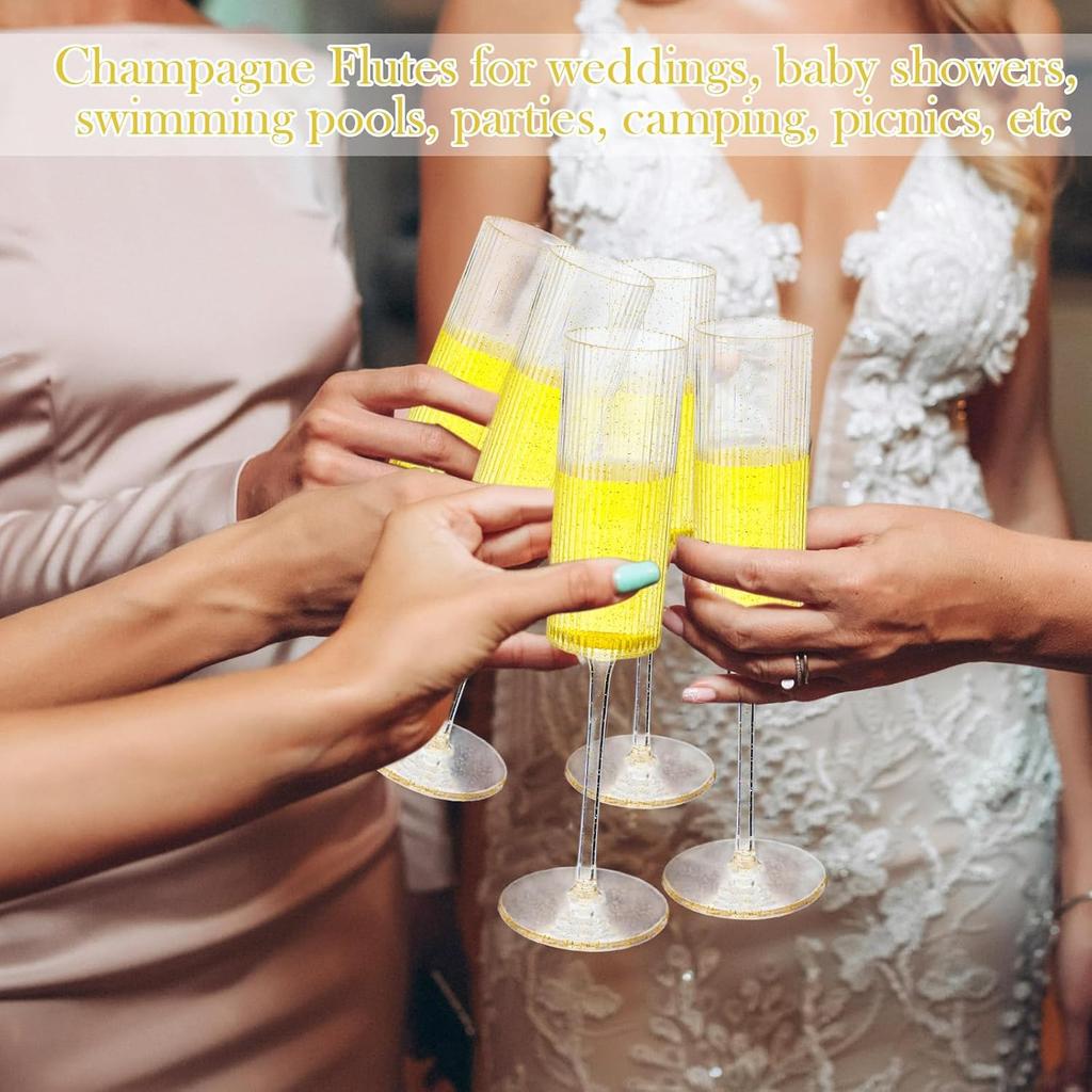 16-Pack Gold Glitter Clear Acrylic Champagne Flutes, 5.5 Oz Reusable Plastic Wedding Party Glasses
