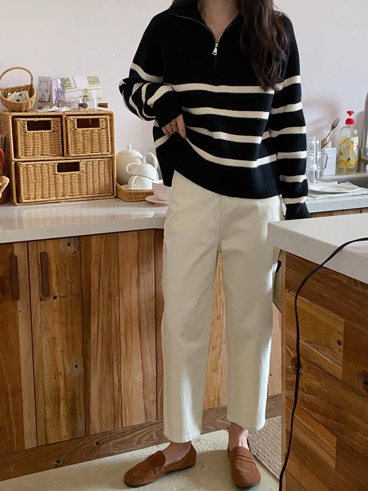 Women's Versatile Color Block Striped Knit Sweater - 2024 Autumn/Winter Half-High Collar Zipper Lapel