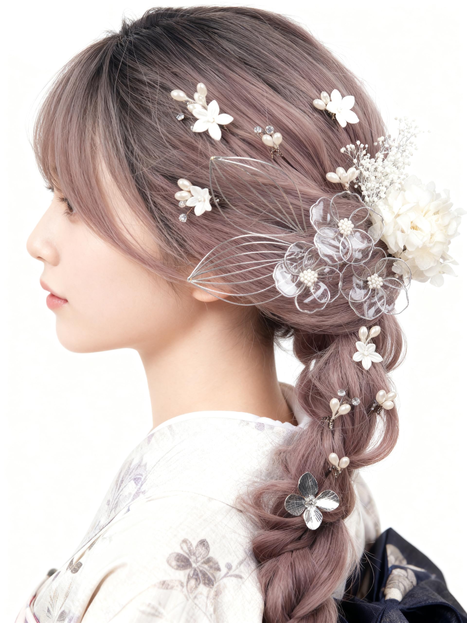 [Handmade by NANA] Hair Ornament - Gold & Silver Artificial Flowers (Baby s Breath, Hydrangea, Mizuhiki) - Perfect for Coming-of-Age Ceremony,