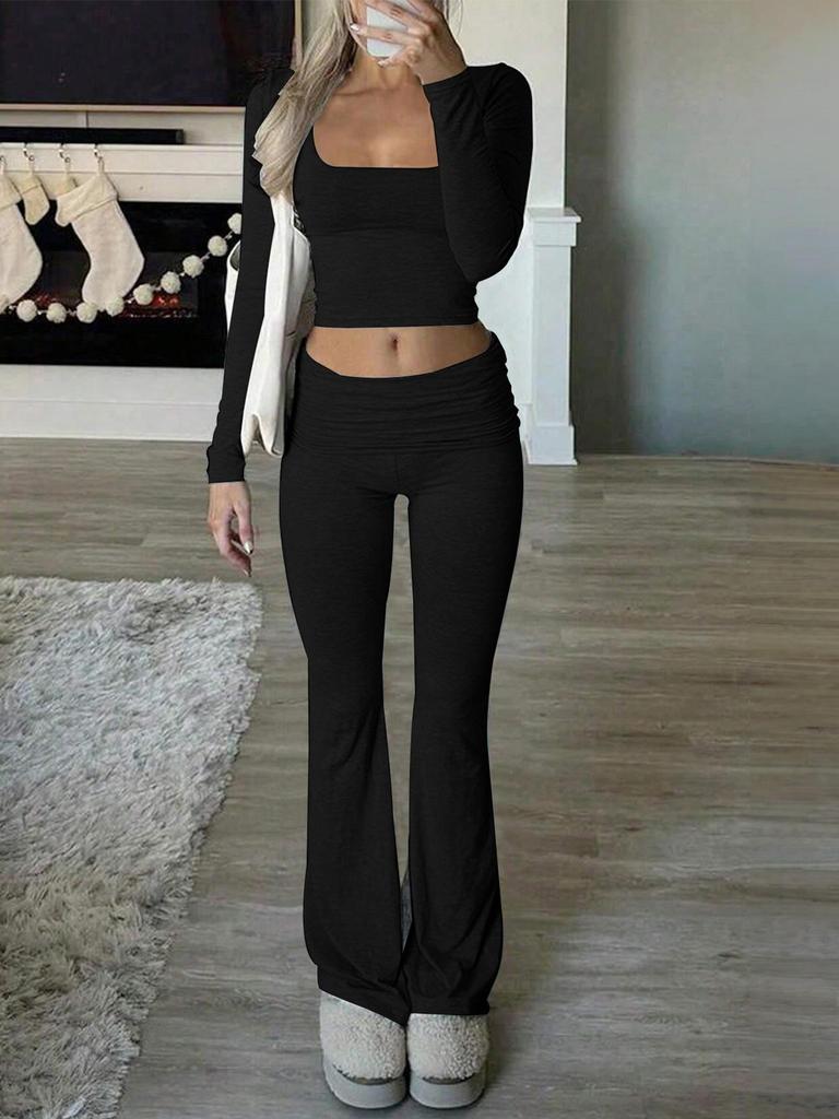 European and American Women's Casual Sports Slim Knit Square Neck Long Sleeve Two-Piece Set