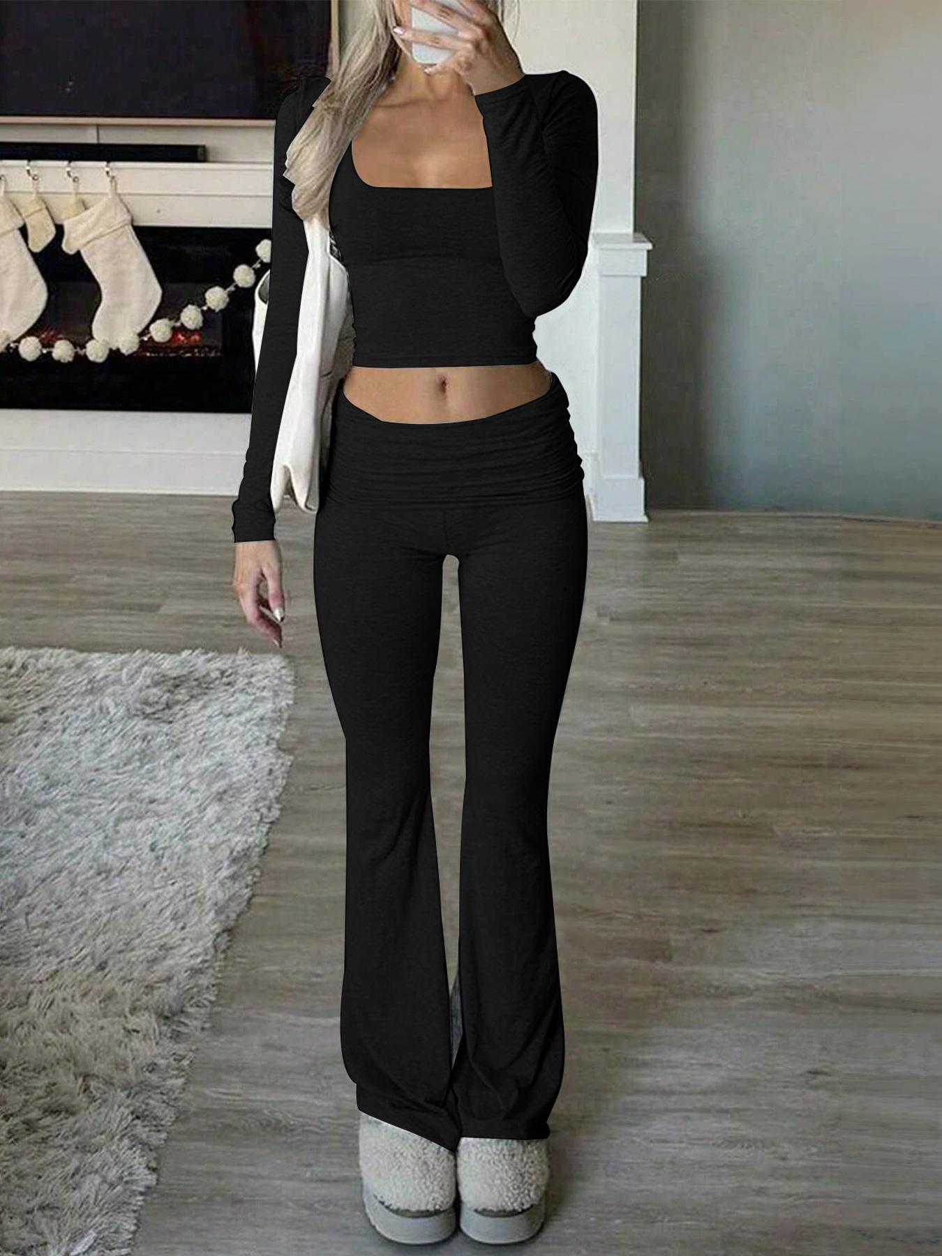 

European and American Women s Casual Sports Slim Knit Square Neck Long Sleeve Two-Piece Set Large чорний