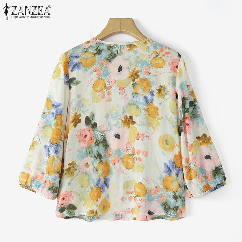 ZANZEA Women Casual Round Neck 3/4 Sleeve Loose Floral Print Blouse