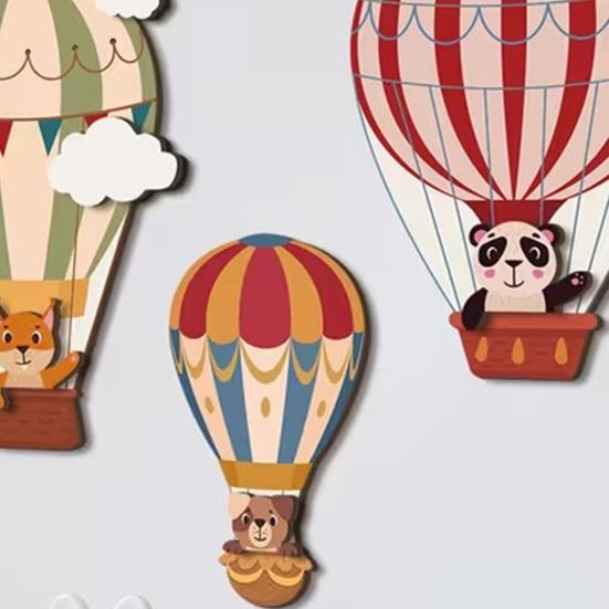 3Pcs Hot Air Balloon Wall Art Wooden Cartoon Animals Clouds Wall