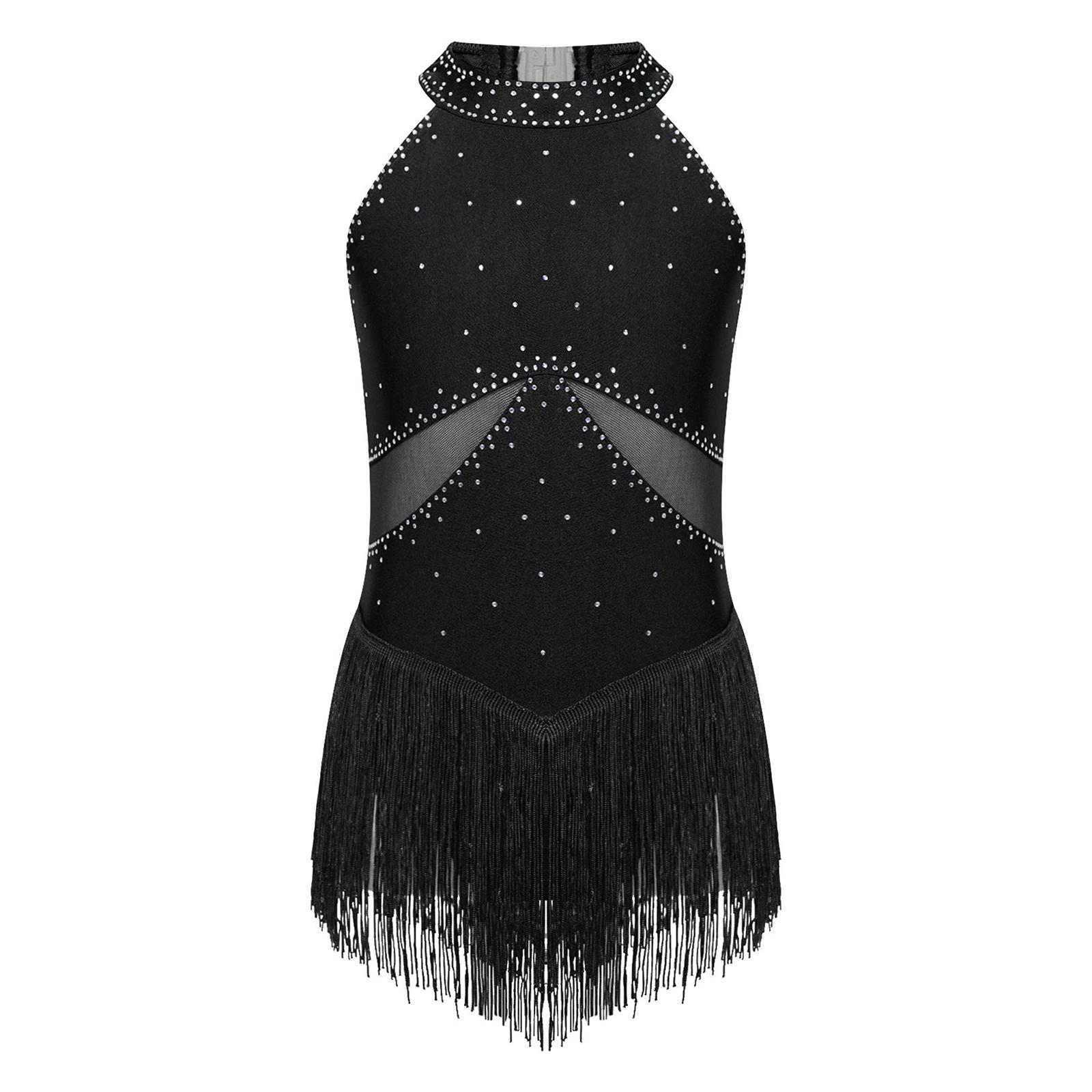 

Дівчачий блискучий бахромчастий купальник із прозорої сітки для танців, боді для катання на ковзанах 15-16 Years чорний