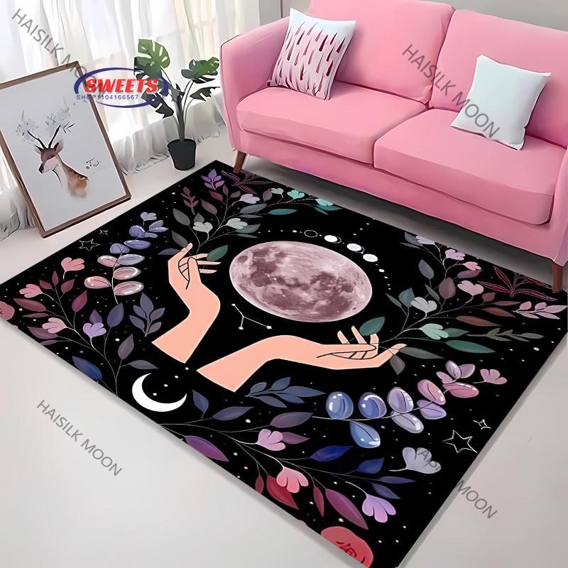 3D Himmlischer & Floraler Kunstbereichsteppich – Rutschfester Teppich für Schlafzimmer oder Wohnzimmer – Mond Sonne Blume Totem Bodenmatte, Heimdekor