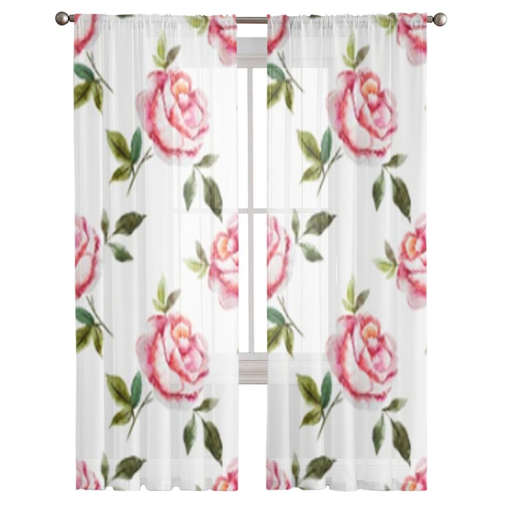Rose Watercolor Background Sheer Curtains For Living Room Window Transparent Voile Tulle Curtain Bedroom Drapes Home Decor