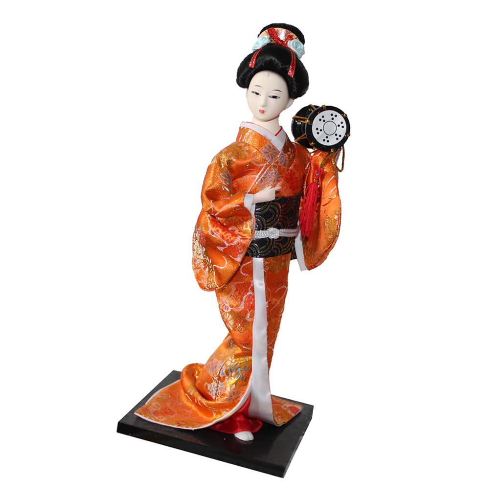 12inch Ancient Japanese Lady Figurine Geisha Doll in Blue Kimono with Fan
