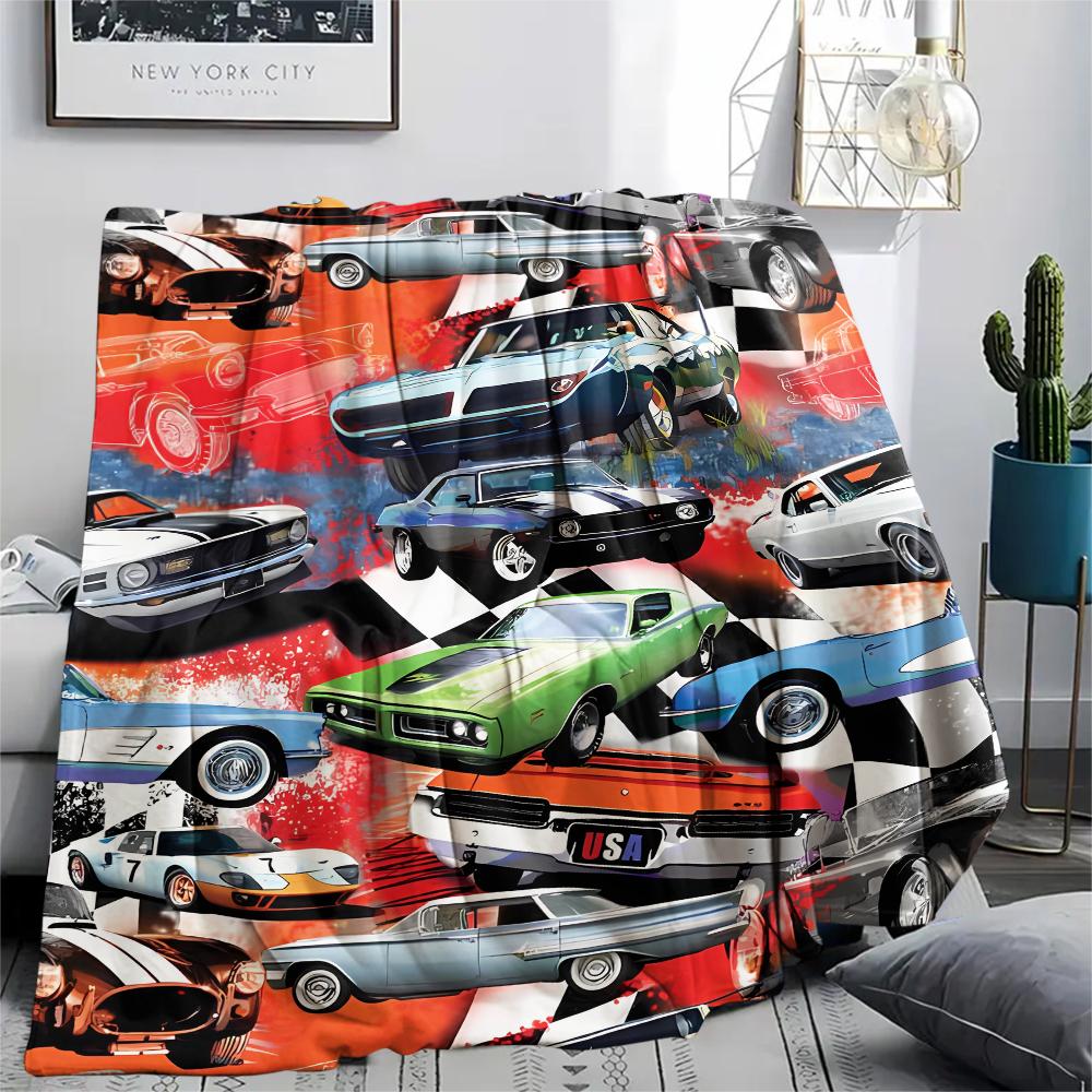 1Pc Vintage Car Print Flannel Blanket, High Quality Comfortable for All Seasons, Home Decor, Warmth and Comfort, Perfect for Christmas Gifts