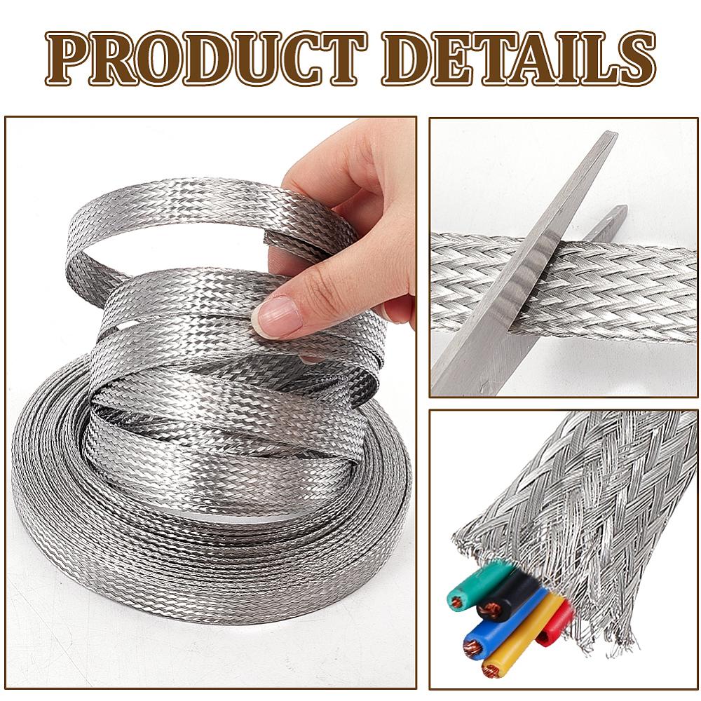 304 Edelstahl Flach verzinnt Geflochtenes Drahtgeflecht Flexibles Abschirmungs-Erdungsdrahtgeflecht Anlaufgeschützt Edelstahlfarbe 15x1mm ca. 32,81 Fuß(10m)/Rolle