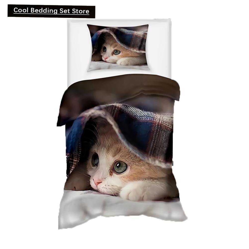 Super Cute Kitten Kids Bedding Set Kawaii Girl Quilt Cove King Queen Size Cat Animal 2/3pcs Polyester Duvet Cover (No Sheet)