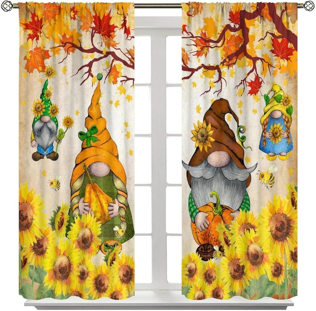 Fall Curtain Gnomes Autumn Thanksgiving Watercolor Maple Leaf Pumpkin Window Drapes Kitchen Living Room Treatments Curtains Polyester Great Treatment