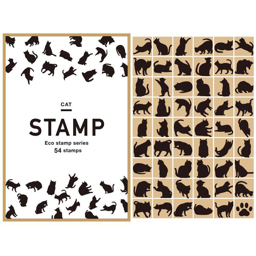

Cute black cat and stylish cat set of wooden rubber A great Made in merchandise, stationery, stamps. 54-piece stamps. gift. Japan.