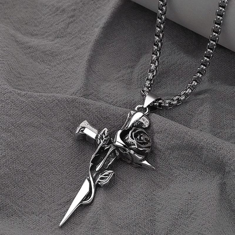 1Pcs Vintage Rose Cross Pendant Necklace For Women Men Stainless Steel Chain Punk Goth Trendy Accessories Choker Gothic Jewelry