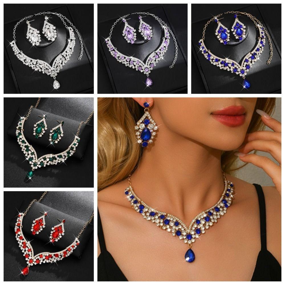 2Pcs/set Elegant Bridal Necklaces Earrings Shining Necklace Earrings Set  Wedding