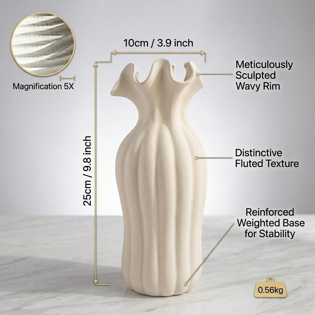 "Vaso Ondulato Scultoreo Artigianale – Decorazione in Ceramica Organica per Casa Minimalista Moderna"