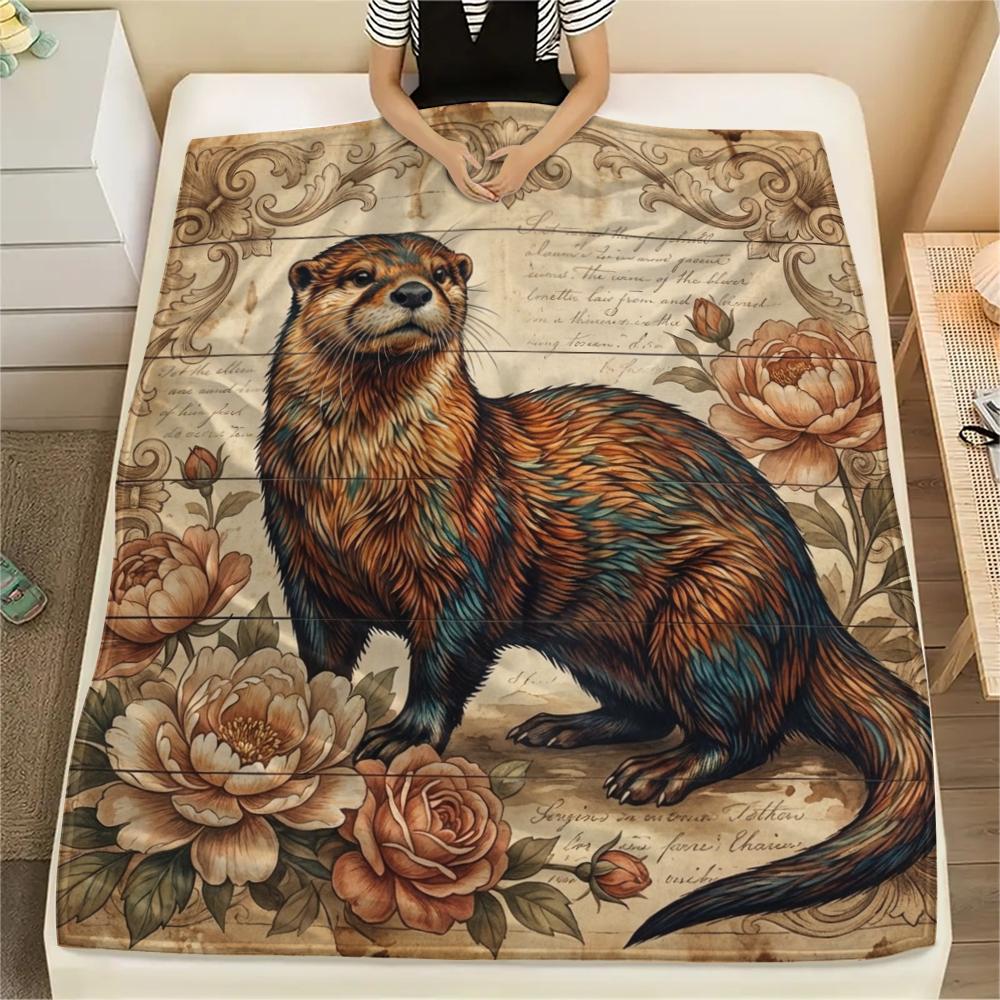 1PC Retro Floral Animal Print Flannel Blanket, High quality All Seasons, Home Decor, Warmth and Comfort, Perfect for Christmas Gifts