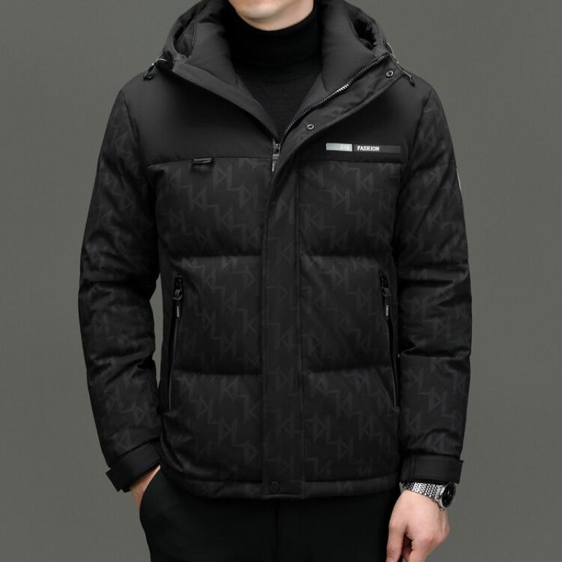 Herren Winter 2025 Kapuzen-Kurzmantel mit Patchwork-Design, gefüllt mit dicker, warmer Entendaune (nicht abnehmbar)