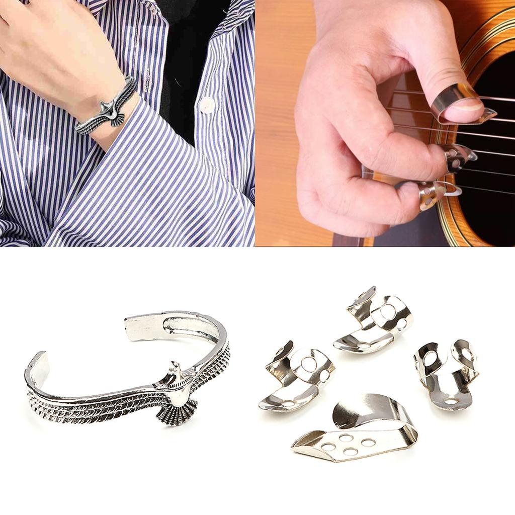 Metall Tumme Finger Gitarrplektrum Fingerskydd Öppen Design Fingerplektrum Plektrum med Örn Manschettarmband Hållbart