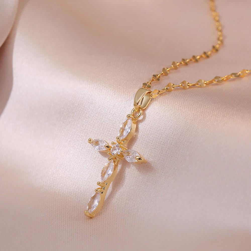 Damen Bunte Zirkon Kreuz Halskette - Nischendesign mit Voll-Diamant-Anhänger an Edelstahlkette