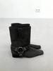 Retro Niche Square Toe Belt Buckle Folding Two-piece Mid Length Boots Women with Thick Heels Western Cowboy Boots
