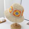 Straw Hat Bohemian Floral Pattern Foldable Beach Hat Wide Brim Hollow Design Bucket Hat Breathable Summer Accessory