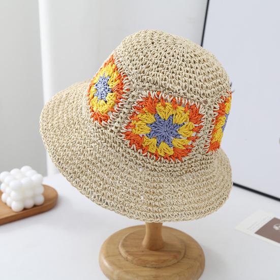 Straw Hat Bohemian Floral Pattern Foldable Beach Hat Wide Brim Hollow Design Bucket Hat Breathable Summer Accessory