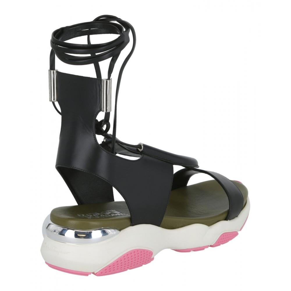 Salvatore Ferragamo Lace Up Flat Sandals Black