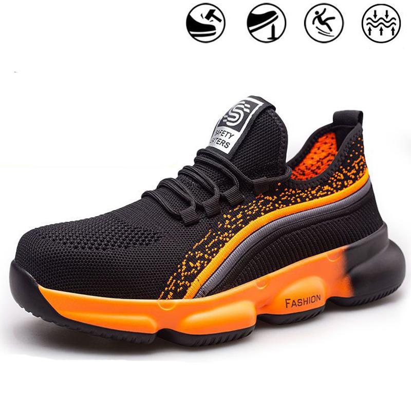 

Orange Men Work Shoes Fashion Steel Toe Cap Sneakers Men Safety Shoes Anti-Smash Anti-Puncture Indestructible Shoes Breathable 40