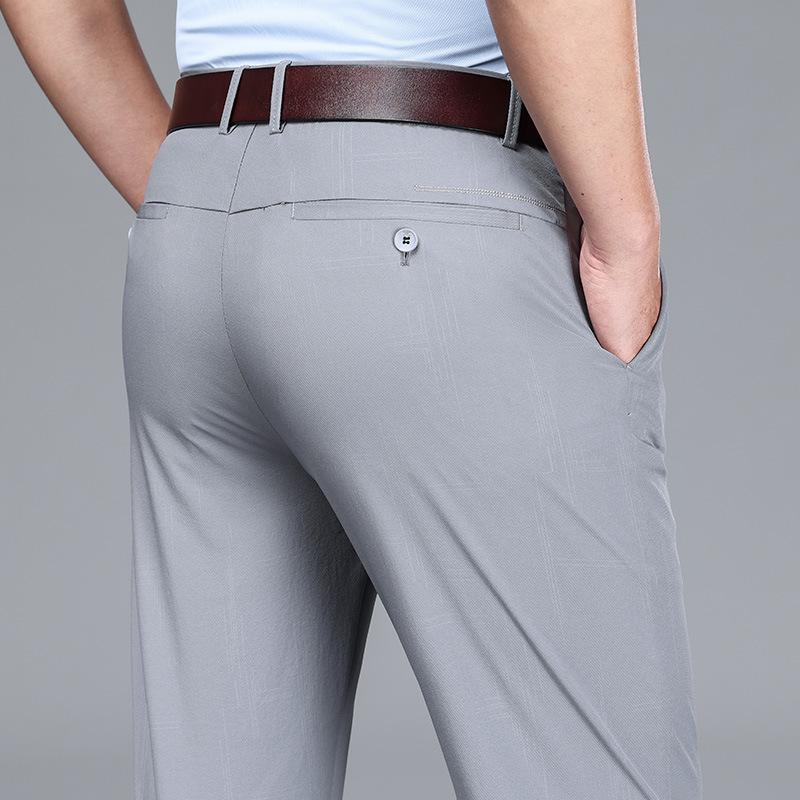 Men'S Lightweight Ice Silk Breathable, Slightly Elastic, Soft And Comfortable High Waisted Small Straight Leg Business Casual Trousers