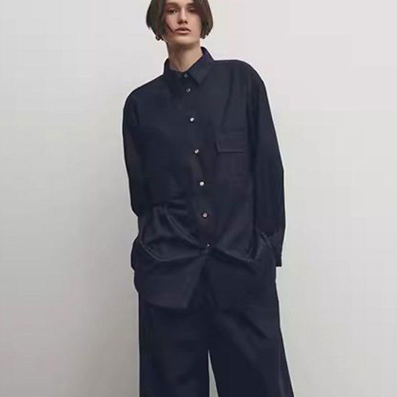 

MD Women clothes French style Minimalist Air Outlet Pocket Decoration Comfortable Pure Cotton Loose Mid-Length Shirts 05113667401 Navy M