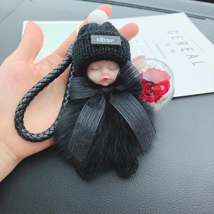 Korean Bow Keychain: Squinting Doll with Fox Fur Pendant - A Unique Japanese and Korean Gift