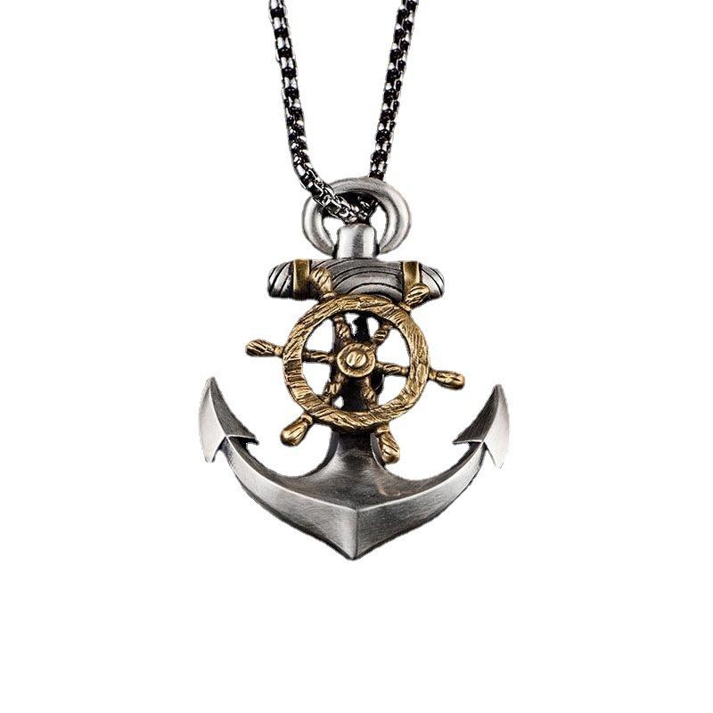 Retro Anchor Necklace Mens Trendy European and American Street Personality Compass Rudder Pendant Hip Hop