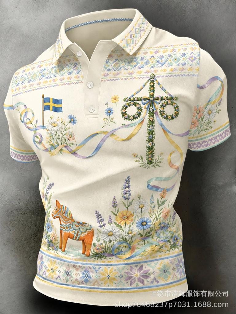 New 3D Printed Men's Retro Fashion Casual Summer Lapel Polo Shirt Top