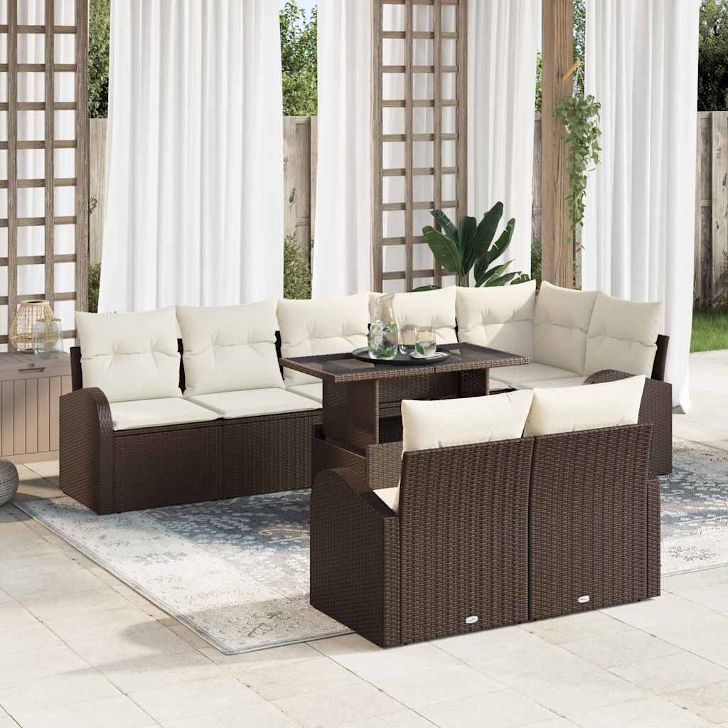9 Piece Garden Sofa Set with Storage in Brown and Cream Poly Rattan