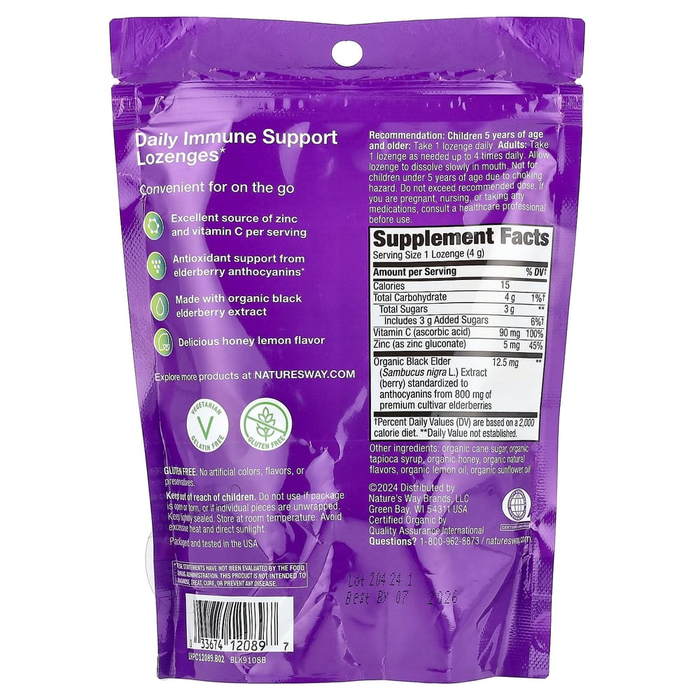 Nature's Way Elderberry, Zinc & Vitamin C Honey Lemon Lozenges, 24 Count